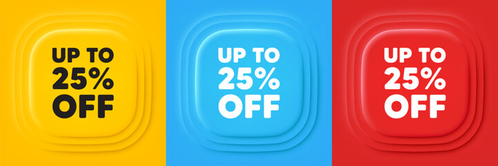 Up to 25 percent off sale. Neumorphic offer banners. Discount offer price sign. Special offer symbol. Save 25 percentages. Discount tag podium background. Product infographics. Vector