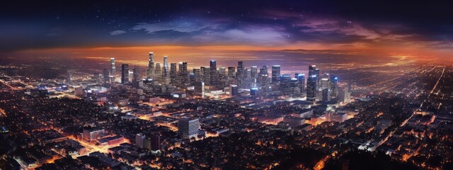 A nighttime image featuring the dazzling lights of a city skyline, conveying a sense of urban energy and capturing the excitement of city life. Web Banner Backdrop. Generative Ai