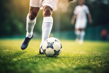 Obraz na płótnie Canvas A soccer player is playing soccer, close - up white socks, kicking the soccer ball towards the goal, white uniform, realistic details, bright clean background,Generative AI