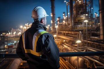 Fototapeta premium Engineer guy with protection suite, stand with your back,Generative AI