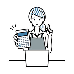 a woman in cafe apron recommending, proposing, showing estimates and pointing a calculator with a smile in front of laptop pc