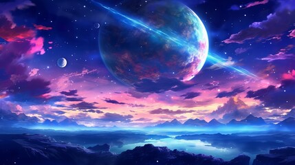 Fototapeta na wymiar Anime sky art wallpaper: Fantasy sky with beautiful star falls and dazzling flares - starry night digital art - planet in space, Generative AI