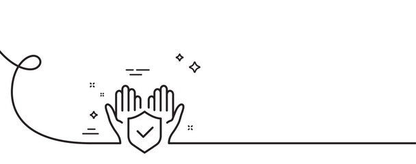 Insurance hands line icon. Continuous one line with curl. Risk coverage sign. Policyholder protection symbol. Insurance hand single outline ribbon. Loop curve pattern. Vector