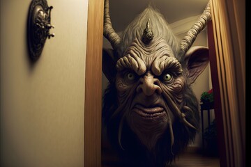 Troll ooking its head around the corner of the bedroom door terrifying unsettling ultra realistic ultrareal ultra detailed 12K HDR hyper sharp focus 