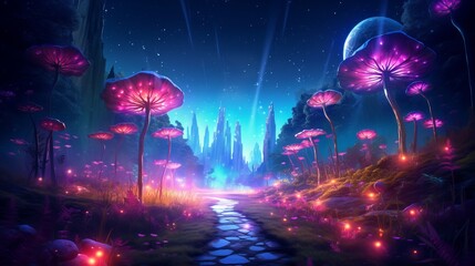 Nighttime wonderland: vibrant bioluminescent plants and glowing path in a magical forest 4K wallpaper, scene with fireworks and stars, Generative AI