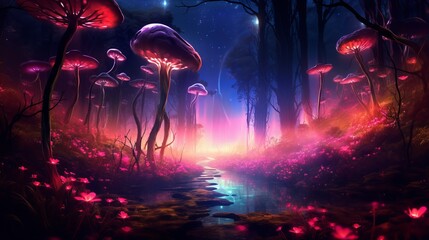 Enchanting bioluminescence: vibrant plants, glowing crystals, and magical fireflies in a mystical forest, background with glowing lights, Generative AI