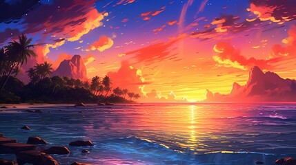 Fototapeta na wymiar Colorful sunset over ocean on Maldives anime-style -sunset over the sea, wallpaper, Generative AI