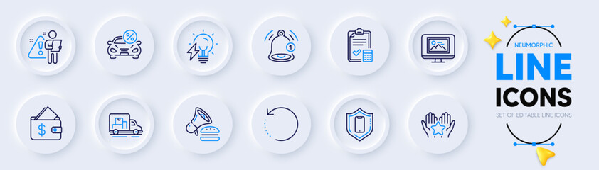 Photo thumbnail, Reminder and Wallet line icons for web app. Pack of Burger, Recovery data, Accounting checklist pictogram icons. Electricity bulb, Truck transport, Car leasing signs. Vector