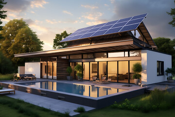 Photovoltaic panels on the roof of the modern house with pool. Solar panels on building sunset, cloudy day. Renewable energy sources. Generative AI