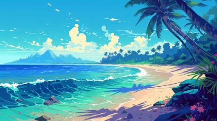 Fototapeta na wymiar Surreal anime art: Dive into the tranquility of a deserted tropical beach - tropical island in the ocean, wallpaper, Generative AI