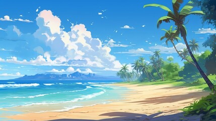 Fototapeta na wymiar Tropical island with palm trees - Deserted anime tropical beach background, abstract art, digital illustration, wallpaper, Generative AI