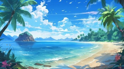 Fototapeta na wymiar Beach with palm trees - Deserted anime tropical beach background, abstract art, digital illustration, wallpaper, Generative AI