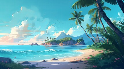 Deserted Anime Tropical Beach Background, Abstract Art, Digital Illustration - tropical island with palm trees, wallpaper, Generative AI