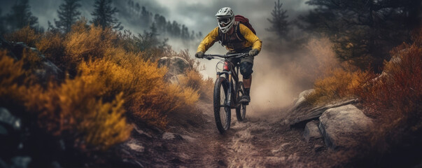 Cyclist bike in the mountains against a backdrop of rocks in a beautiful mountain setting. Generative AI