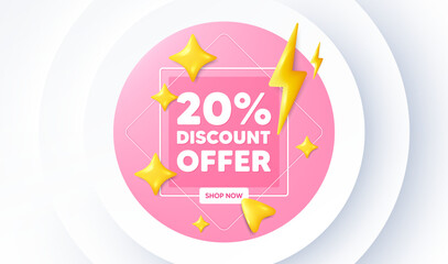 20 percent discount tag. Neumorphic promotion banner. Sale offer price sign. Special offer symbol. Discount message. 3d stars with energy thunderbolt. Vector
