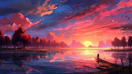 Fototapeta na wymiar Sunset over the lake - captivating evening sunset view in anime wallpaper background: peaceful, romantic art in digital illustration painting, Generative AI