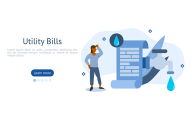 utility bills illustration set. characters paying water invoice bills. personal finance debt concept. vector illustration.