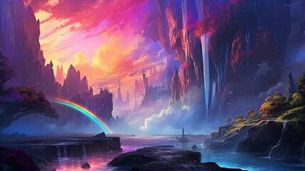 Fantasy anime landscape with rainbow waterfall, wallpaper, Generative AI