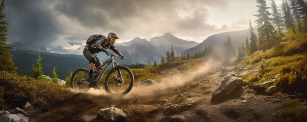 Obraz na płótnie Canvas Cyclist mtb bike in the mountains against a backdrop of rocks in a beautiful mountain setting. Generative AI