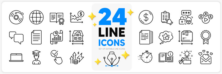 Icons set of Reward, Creative idea and Dollar money line icons pack for app with Instruction info, Energy inflation, Dollar rate thin outline icon. Globe, Timer, Checklist pictogram. Vector