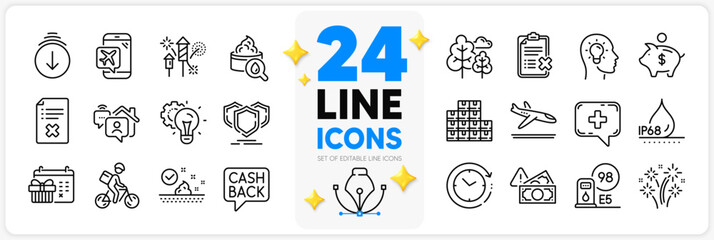 Icons set of Moisturizing cream, Scroll down and Fireworks rocket line icons pack for app with Petrol station, Flight mode, Shields thin outline icon. Medical chat, Christmas calendar. Vector