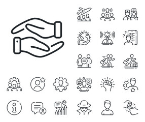 Charity gesture sign. Specialist, doctor and job competition outline icons. Helping hand line icon. Giving palm symbol. Helping hand line sign. Avatar placeholder, spy headshot icon. Vector