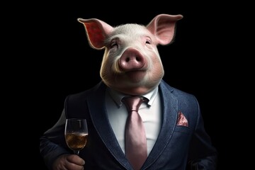 An illustration of a pig in a suit holding a glass of beer against a black background, creating a contrast between elegance and unconventionality. Generative Ai. 