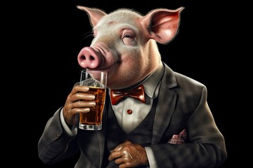 An illustration of a pig in a suit drink beer from glass  against a black background, creating a contrast between elegance and unconventionality. Generative Ai. 