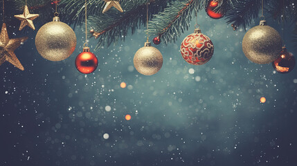 Christmas background with baubles and fir tree branches