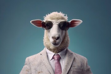 An illustration of a sheep in a suit and she is wearing a sunglass against a monochrome background, creating a contrast between elegance and unconventionality. Generative Ai. 