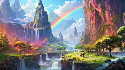 Fantasy anime landscape with rainbow waterfall - landscape with a rainbow, wallpaper, Generative AI