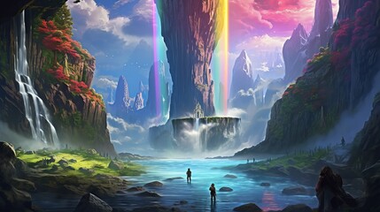 Fantasy anime landscape with rainbow waterfall - waterfall in the mountains, wallpaper, Generative AI