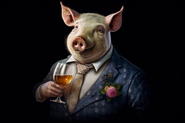 An illustration of a pig in a suit holding a glass of beer against a black background, creating a contrast between elegance and unconventionality. Generative Ai. 