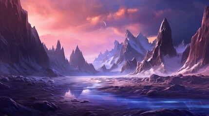 Purple crystal serenade: exploring a fantasy landscape of sandy glaciers - sunrise in the mountains, wallpaper, Generative AI