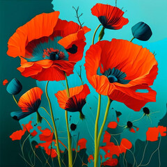 Beautiful poppy field in bright sunlight. Field of wild flowers. The concept of hot summer days, the approach of summer. Blue and teal background.