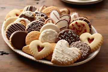 buttery shortbread heart shape cookies sprinkled of powdered sugar vintage porcelain plate Generative AI