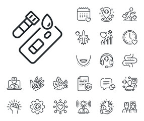 Coronavirus testing sign. Online doctor, patient and medicine outline icons. Covid test line icon. Blood test tube symbol. Covid test line sign. Veins, nerves and cosmetic procedure icon. Vector