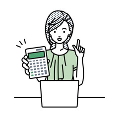 a woman in casual work style recommending, proposing, showing estimates and pointing a calculator with a smile in front of laptop pc