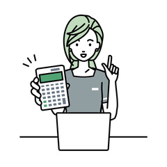 an esthetician, receptionist woman recommending, proposing, showing estimates and pointing a calculator with a smile in front of laptop pc