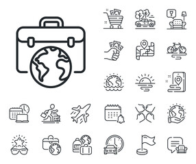 Businessman case sign. Plane jet, travel map and baggage claim outline icons. Global business line icon. Internet marketing symbol. Businessman case line sign. Car rental, taxi transport icon. Vector