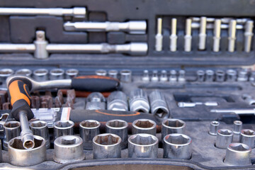 a set of tools for car repair and home. Technical service station for car. Tool to repair the car or replace automotive spare parts, auto parts.
