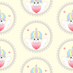 Unicorn Seamless pattern cupid cartoon character background for card, baby shower, Valentines day, wedding, Mother's Day ,  Father's Day, scrapbook, notebook, cover.