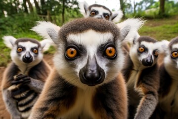 Group of funny Lemur making selfie standing upright and looking attentively at the camera,Generative AI