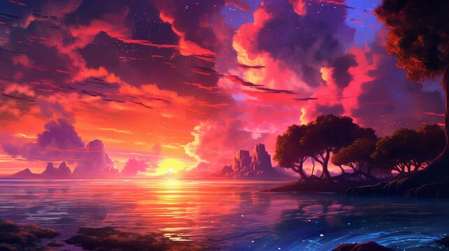 Sunset over the sea - Mystical fantasy anime scenery, sunset scenery, anime scene background wallpaper with beautiful sunset, Generative AI