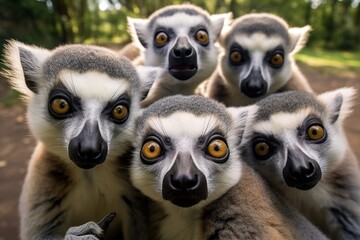 Obraz premium Group of funny Lemur making selfie standing upright and looking attentively at the camera,Generative AI