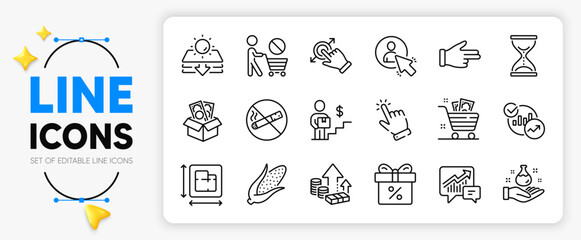 Time hourglass, Corn and Accounting line icons set for app include Inflation, Discount offer, Click hand outline thin icon. Stop shopping, Bribe, Touchscreen gesture pictogram icon. User. Vector