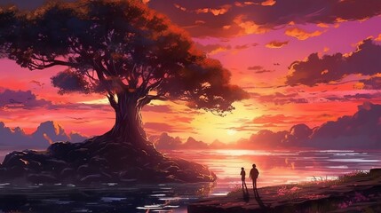 Mystical fantasy anime scenery, sunset scenery, anime scene background wallpaper with beautiful sunset, Generative AI