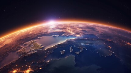 Obraz premium Anime-style planet earth - Europe: discover a captivating and unique perspective - sunrise over the earth, Generative AI