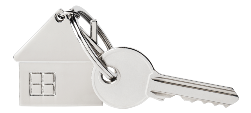 House key with a house shaped keychain, cut out