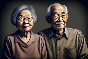happy old people living in Japan old asian men and women standing in row together smiling white hair dark hair asian expression lines on face octane render 